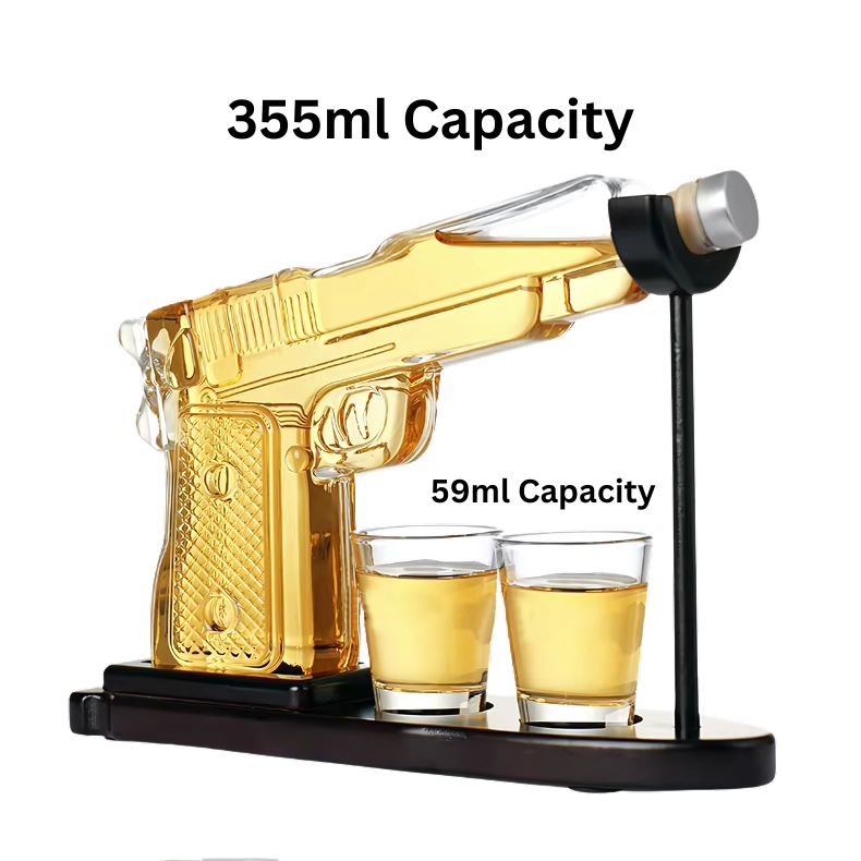 Pistol Decanter Set w/ Display Stand & Shot Glasses