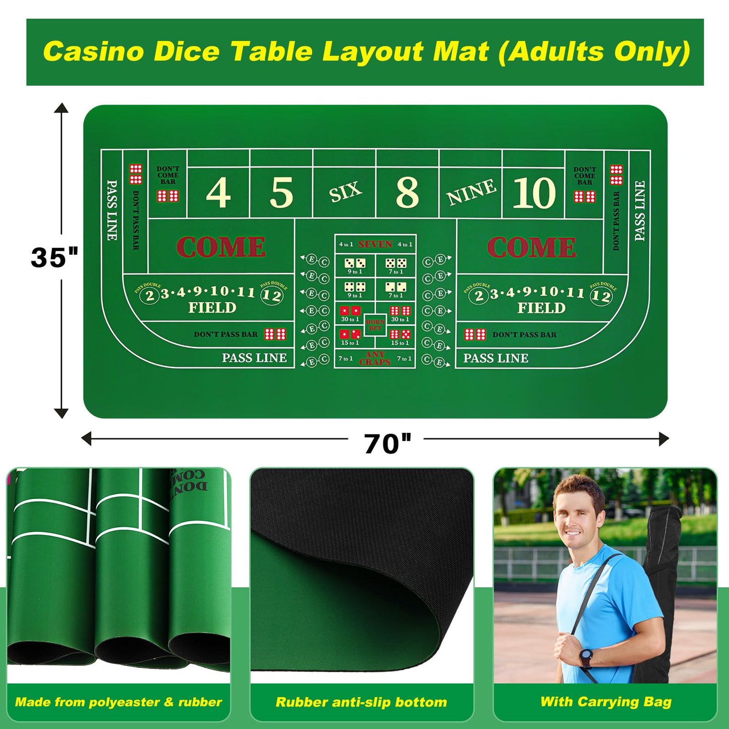 Leyndo Craps Tabletop Game Set, Includes 35"x70" Rubber Craps