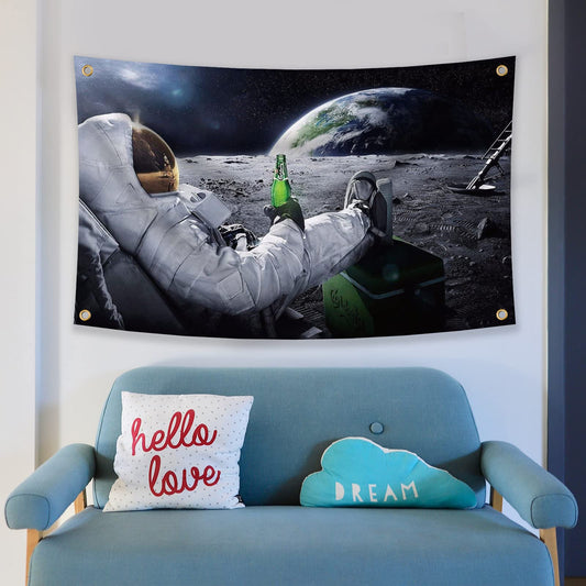 Astronaut Relaxing and Drinking Beer on The Moon in Outer Space Flag 3x5