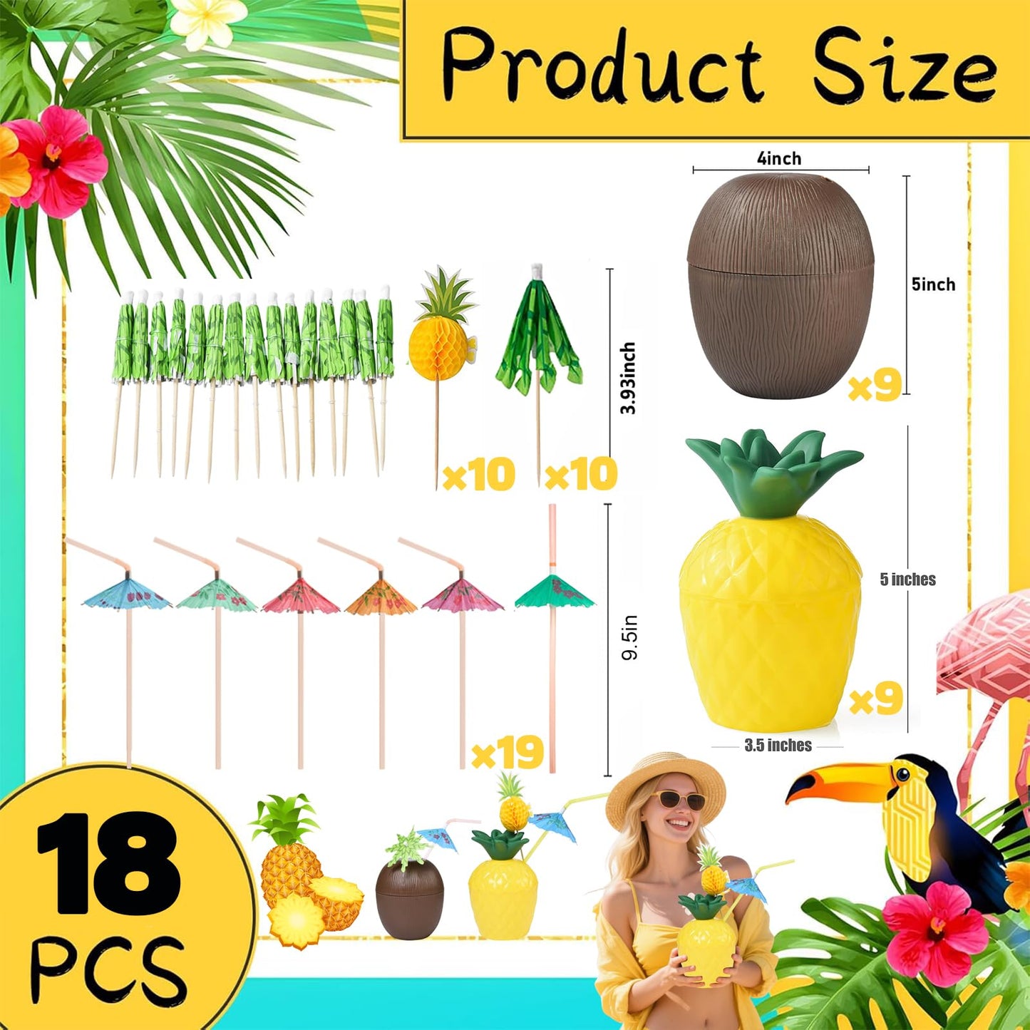 18 Coconut Pineapple Cups with 18 Straws, 18