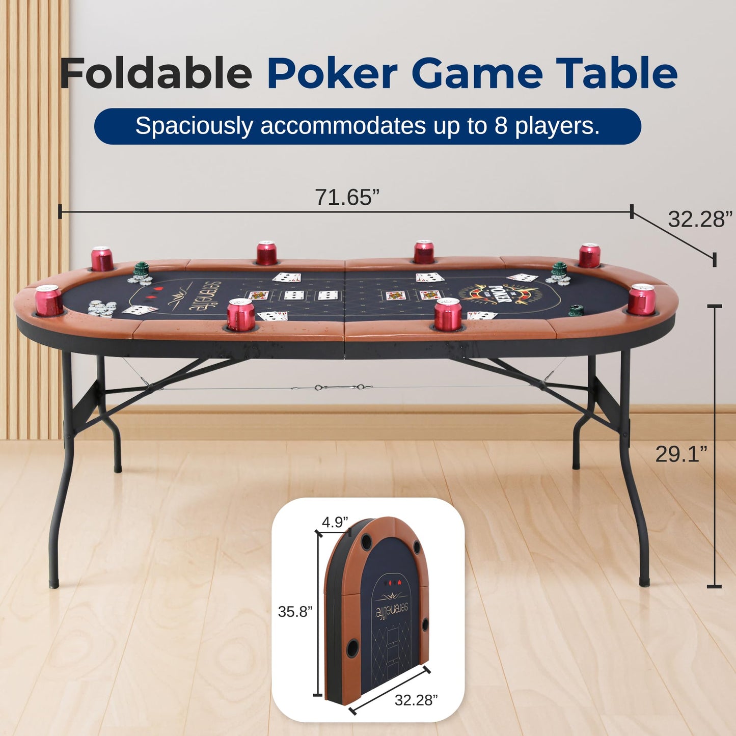 SereneLife 8 Player Foldable Poker Table, 71 inch Portable
