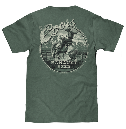 Coors Banquet Beer Rodeo Horse Front Pocket Tee T-Shirt - Cypress Green