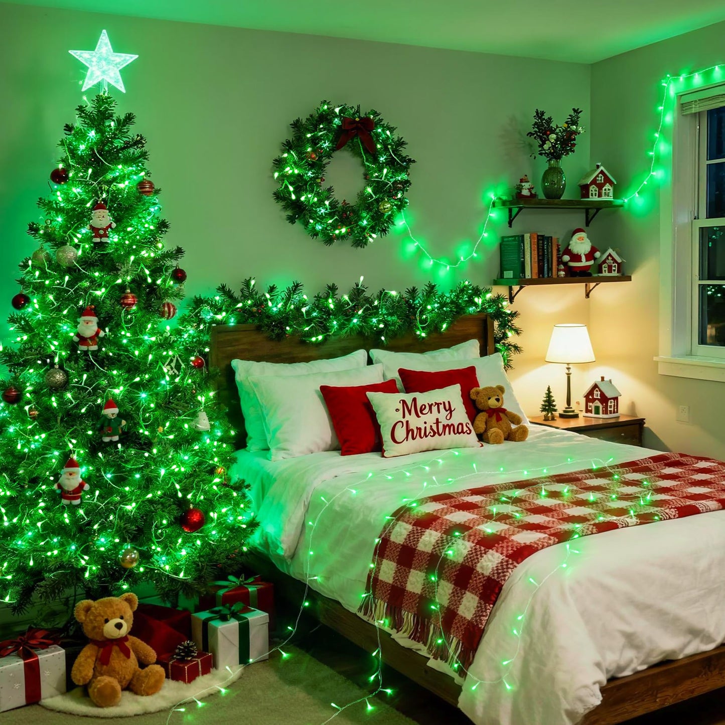 Green Christmas Lights Clear Wire, 66ft 200 LED