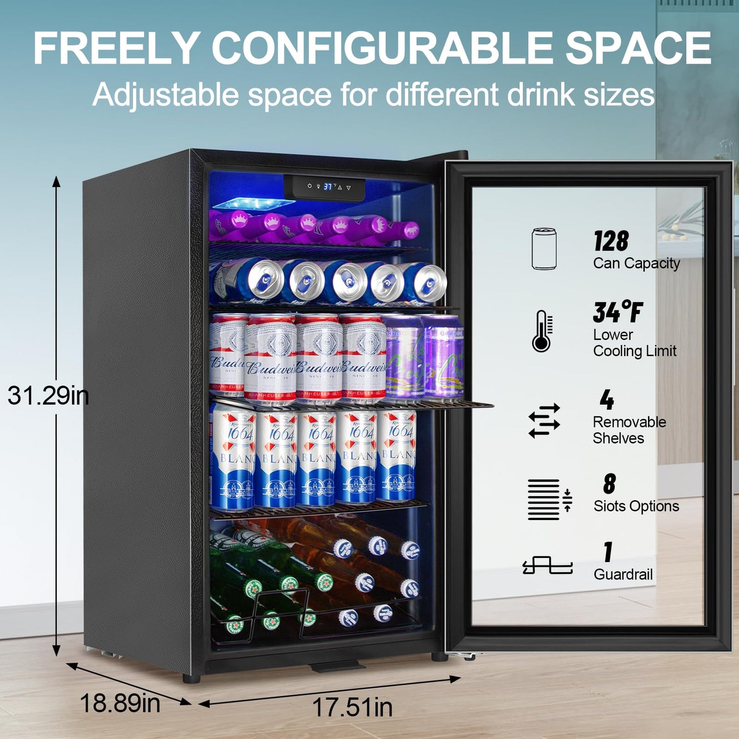 128 Cans Beverage Refrigerator Cooler, 3.2 Cu.Ft Mini Drink