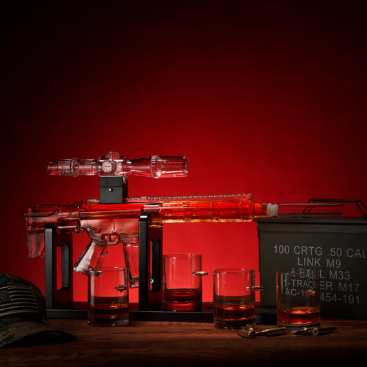 Whiskey Decanter Set - AR Limited Edition, Wooden Silencer Stopper - 800 ml & 4 12oz Bullet Glasses