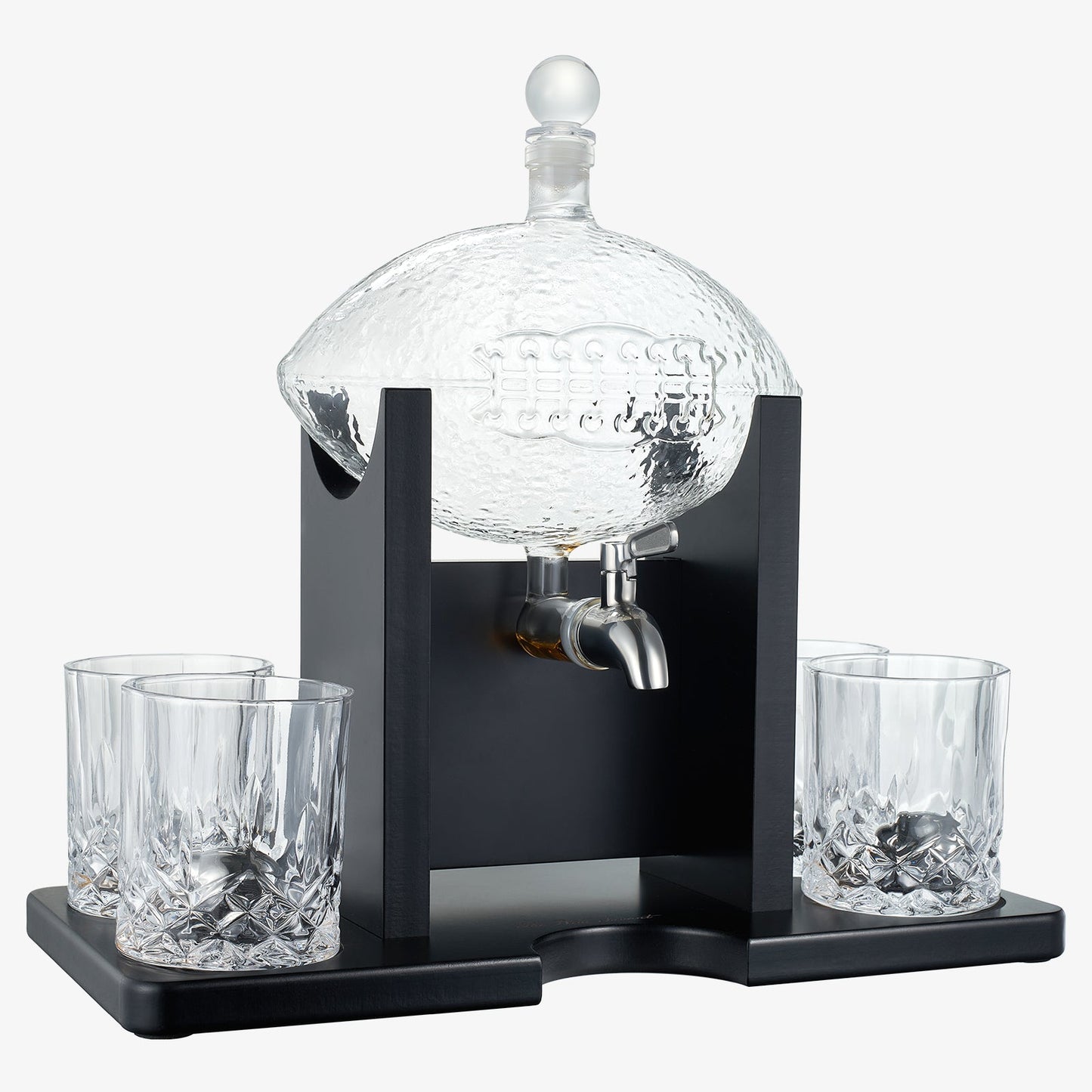 Football Decanter with Mahogany Field Goal Holder + 4 Glasses & Footballs Chillers