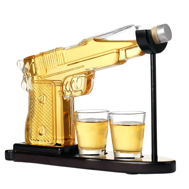 Pistol Decanter Set w/ Display Stand & Shot Glasses