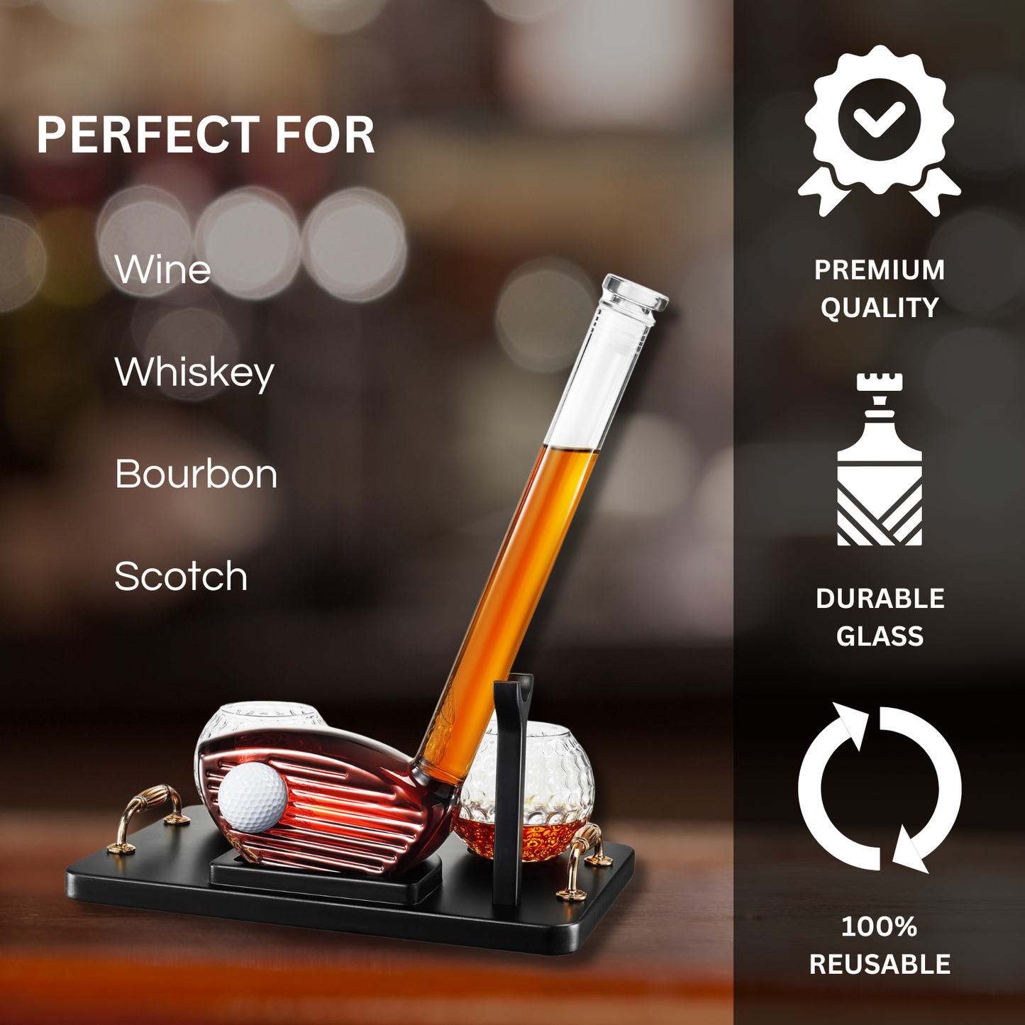 Golf Club Whiskey Decanter and 2 Liquor Glasses - 29 OZ Decanter & 15 OZ Glass Set