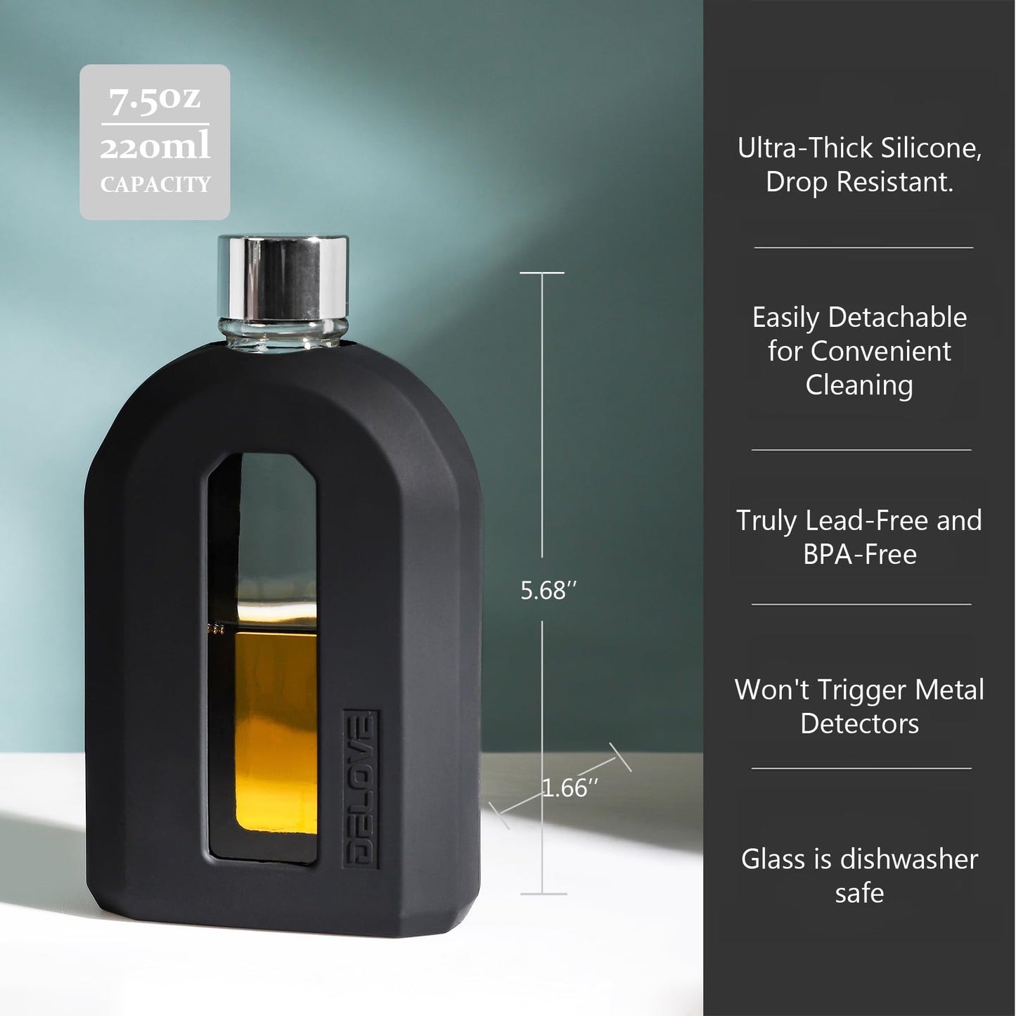 Delove Modern Glass Hip Flask with Silicone Sleeve