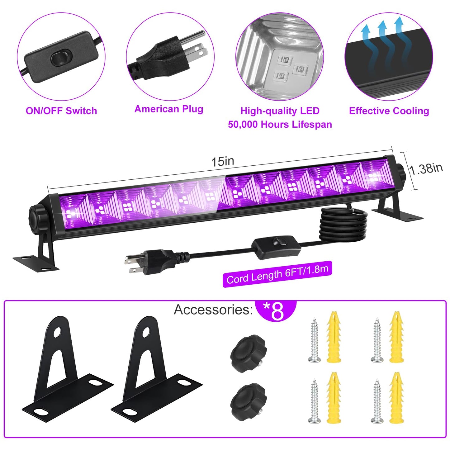 8 Pack 40W LED Black Light Bar, Black Lights