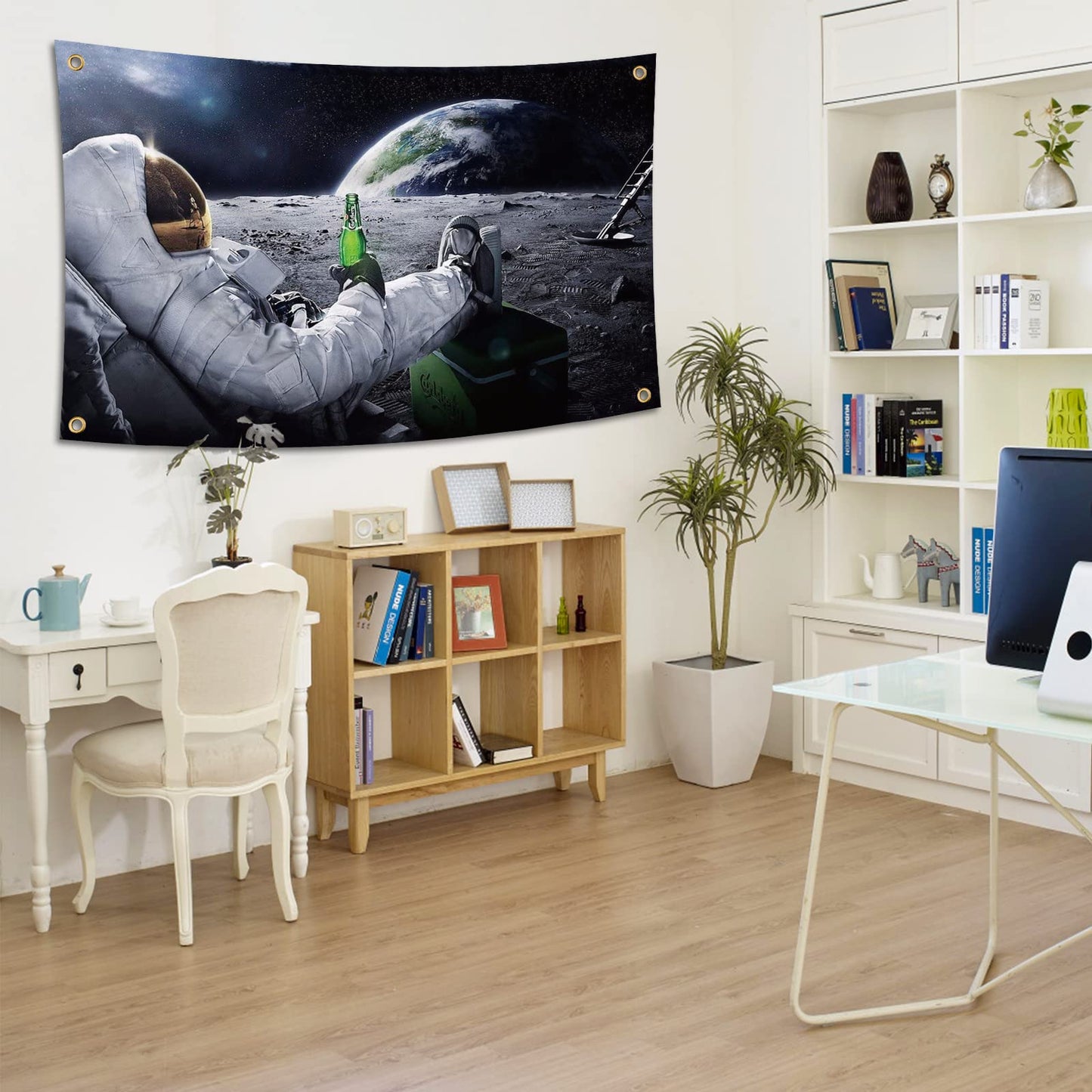 Astronaut Relaxing and Drinking Beer on The Moon in Outer Space Flag 3x5