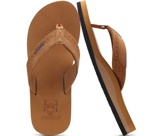KuaiLu Men's Leather Flip Flops Arch Support Summer Beach