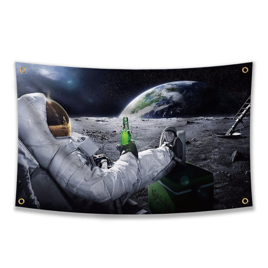 Astronaut Relaxing and Drinking Beer on The Moon in Outer Space Flag 3x5