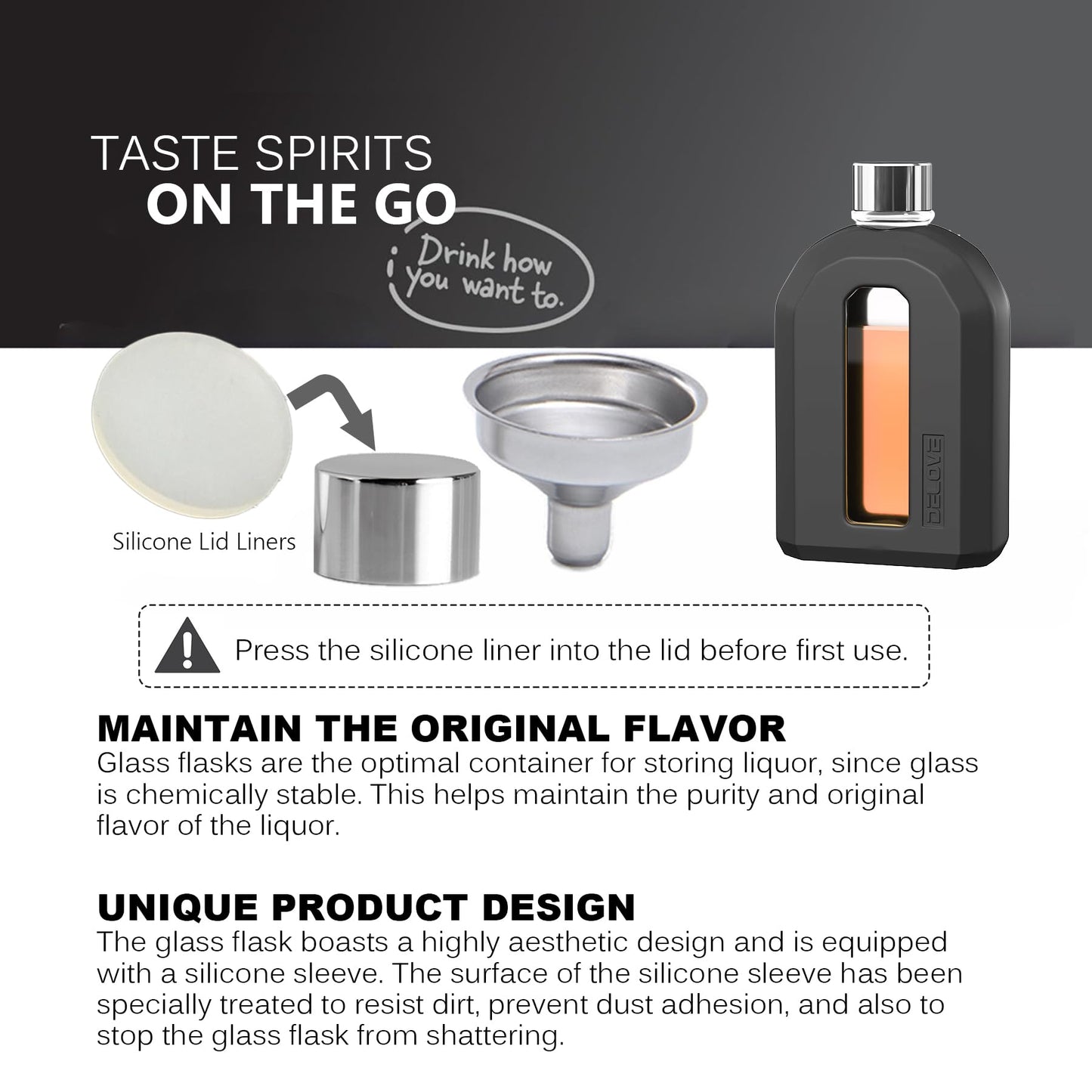 Delove Modern Glass Hip Flask with Silicone Sleeve