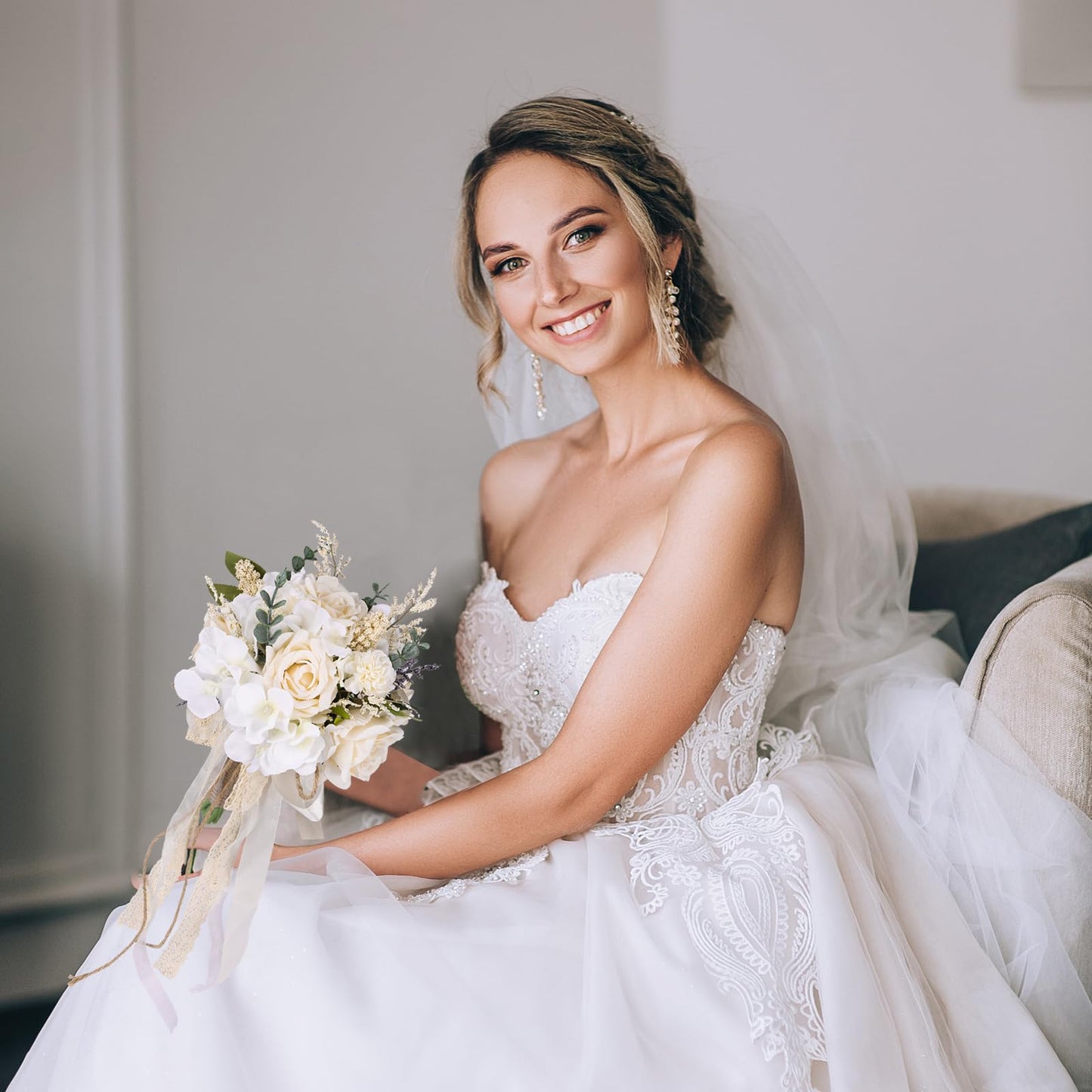 Wedding Bouquets for Bride Bridesmaid, White Champagne Artificial