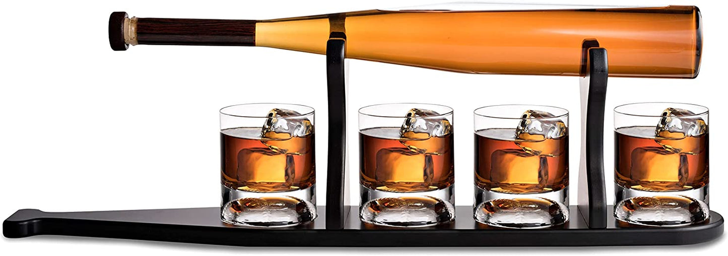Baseball Bat Whiskey & Wine Decanter 4 Baseball Glasses