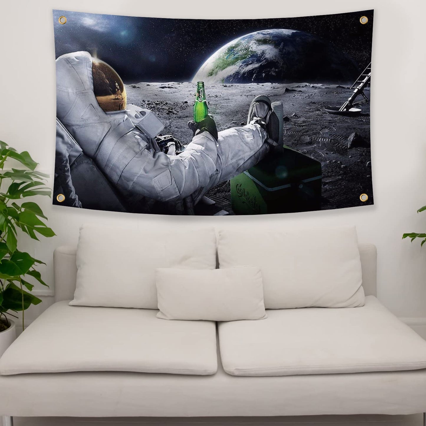 Astronaut Relaxing and Drinking Beer on The Moon in Outer Space Flag 3x5