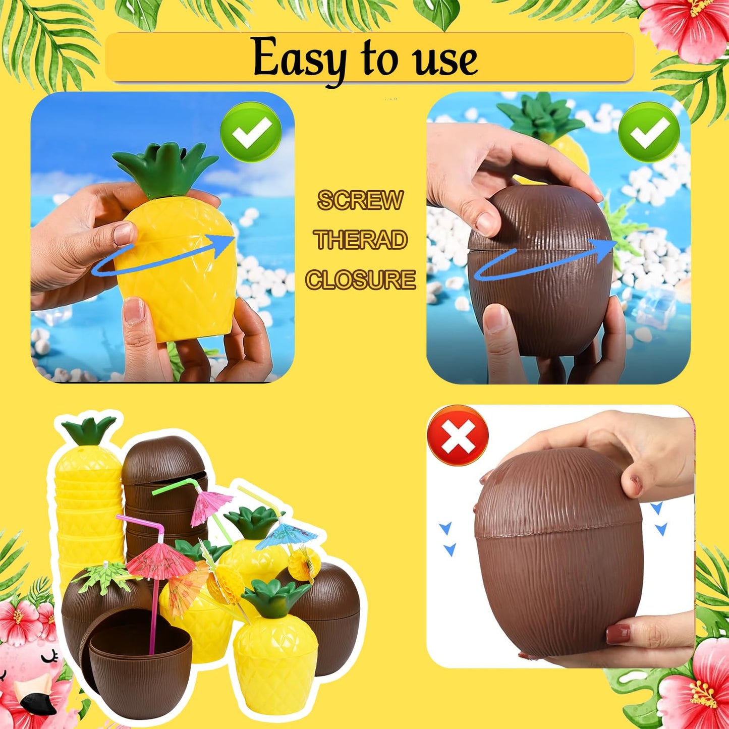 18 Coconut Pineapple Cups with 18 Straws, 18