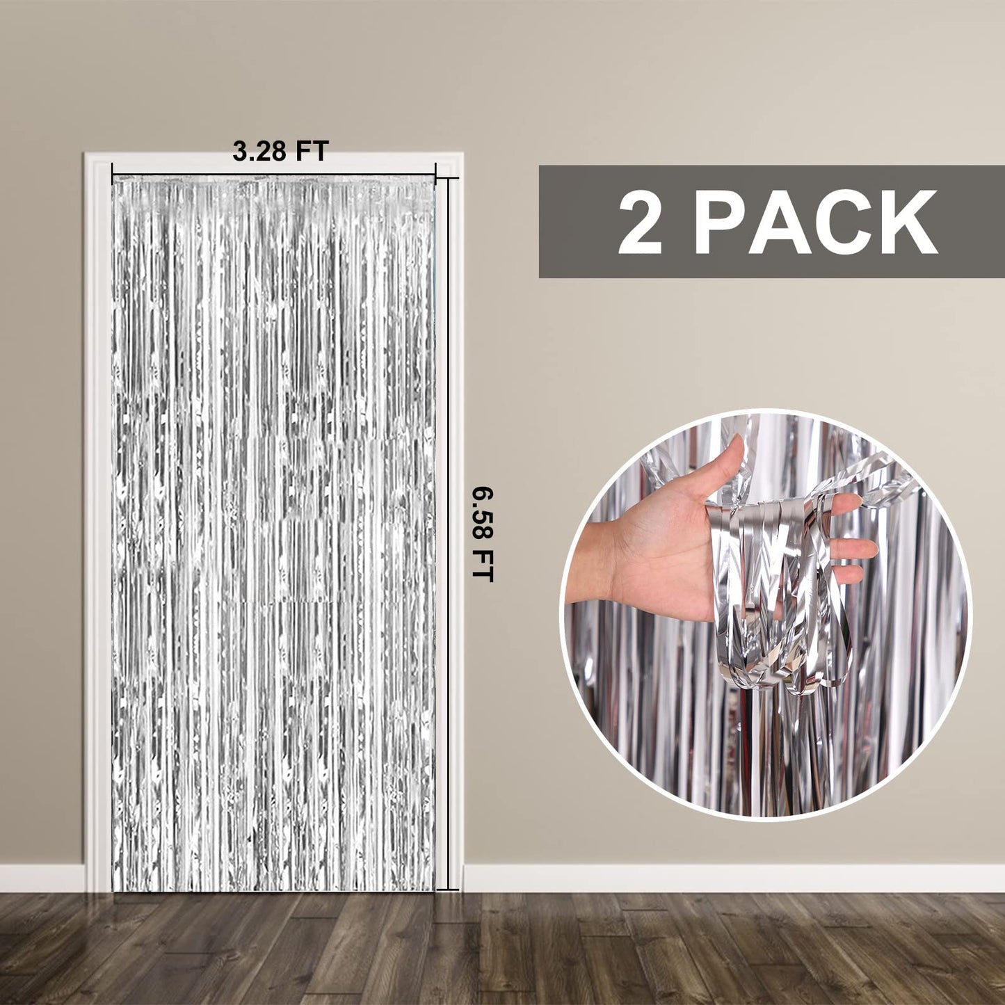 2 Pack Foil Curtain Backdrop Silver Metallic Tinsel Foil