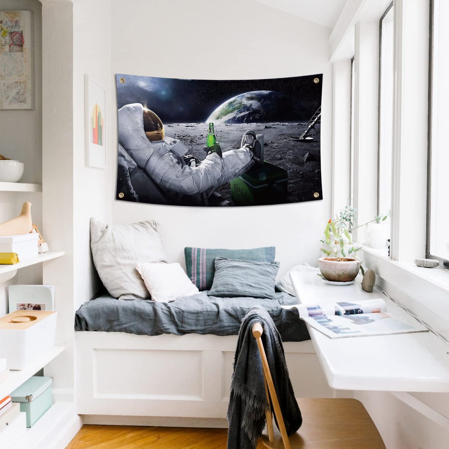 Astronaut Relaxing and Drinking Beer on The Moon in Outer Space Flag 3x5