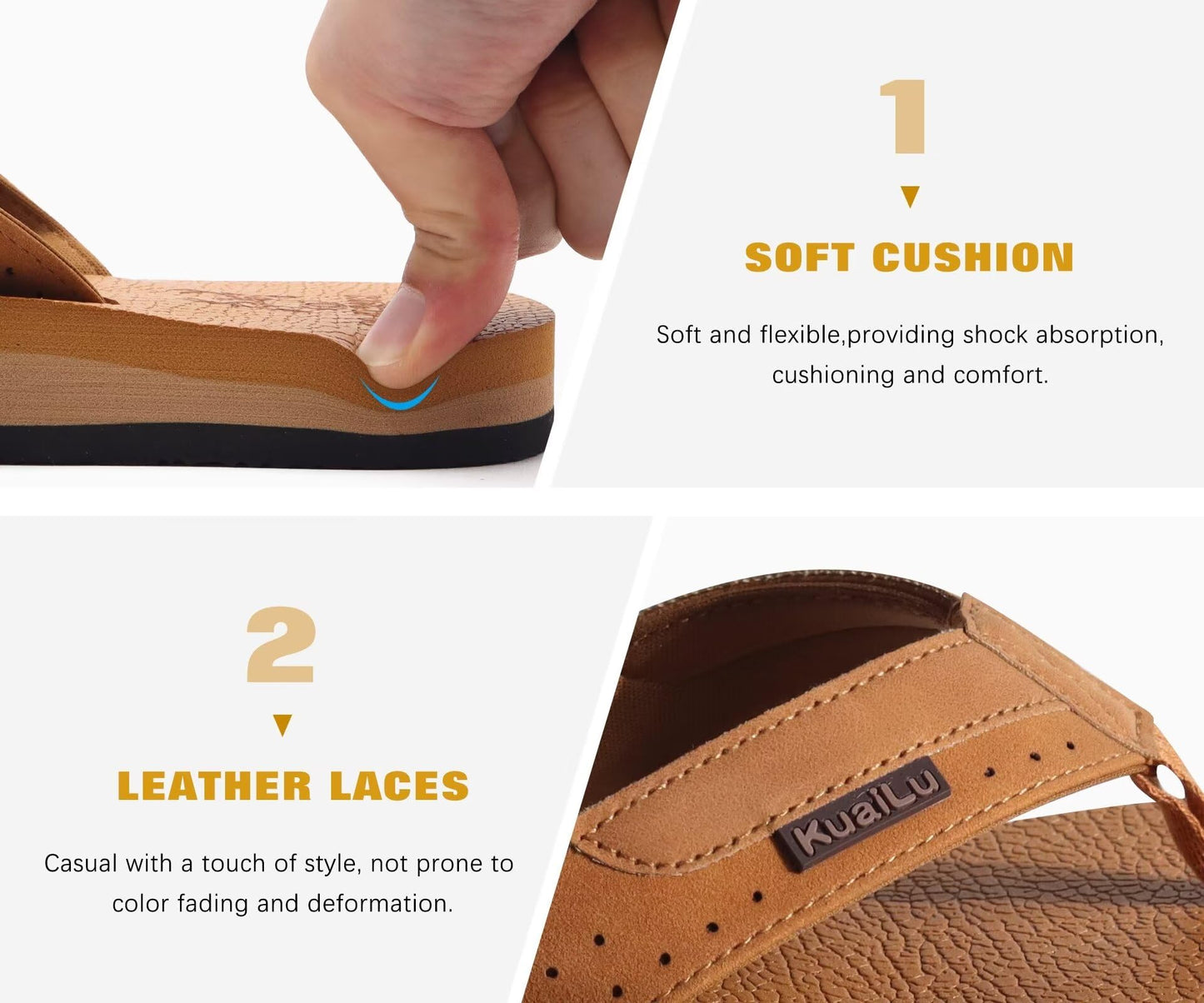 KuaiLu Men's Leather Flip Flops Arch Support Summer Beach