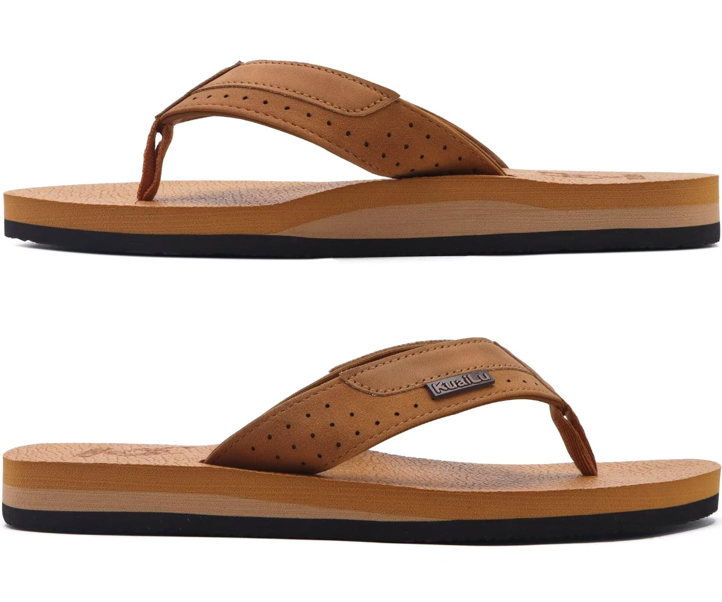 KuaiLu Men's Leather Flip Flops Arch Support Summer Beach