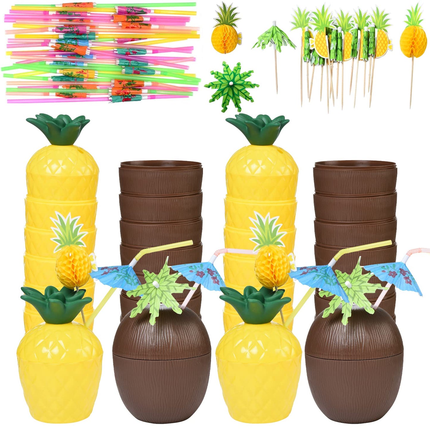 18 Coconut Pineapple Cups with 18 Straws, 18