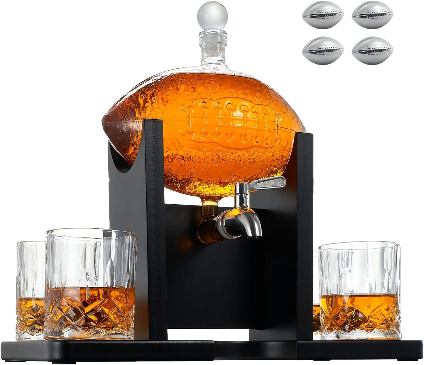 Football Decanter with Mahogany Field Goal Holder + 4 Glasses & Footballs Chillers