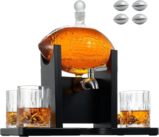 Football Decanter with Mahogany Field Goal Holder + 4 Glasses & Footballs Chillers
