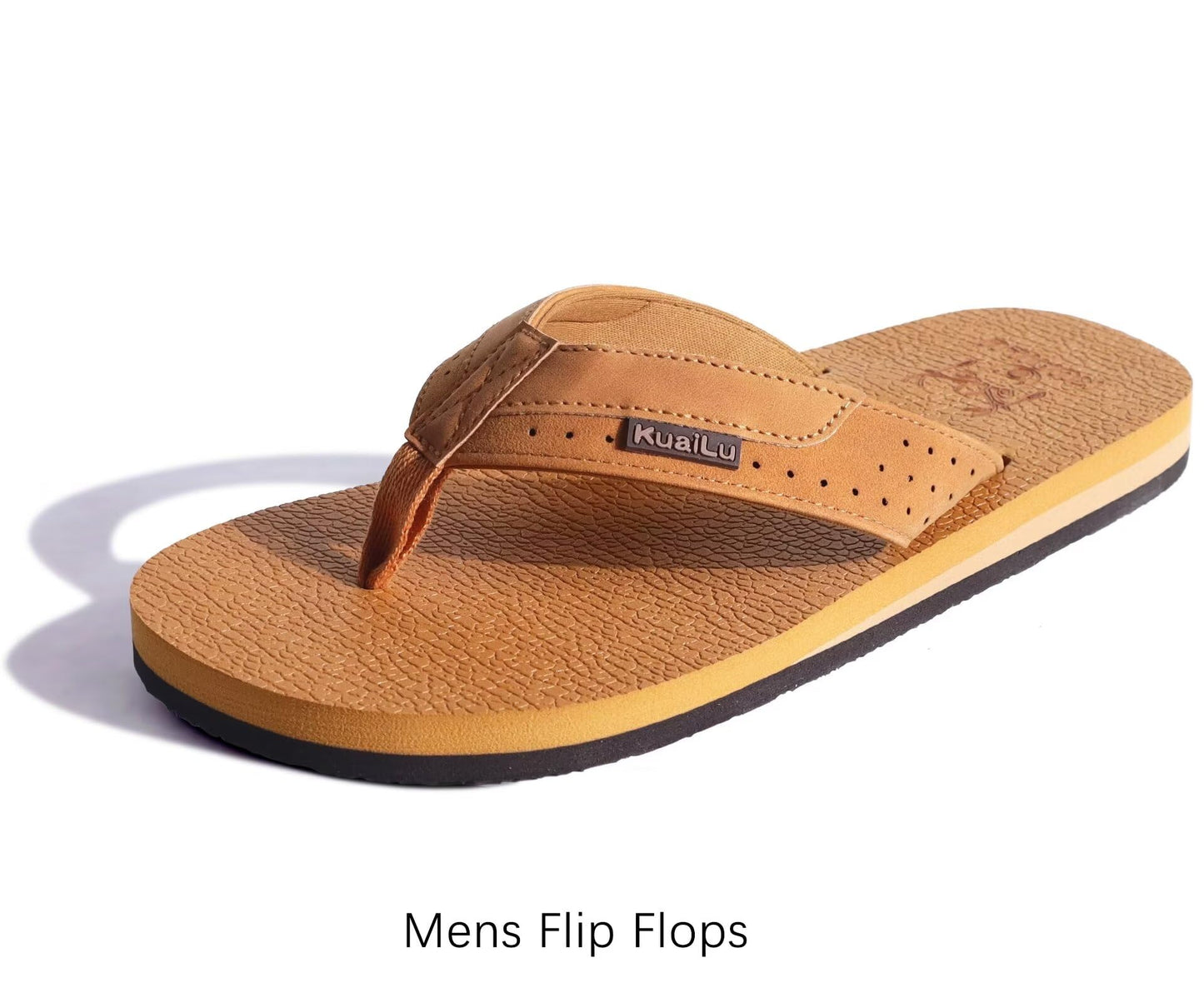 KuaiLu Men's Leather Flip Flops Arch Support Summer Beach