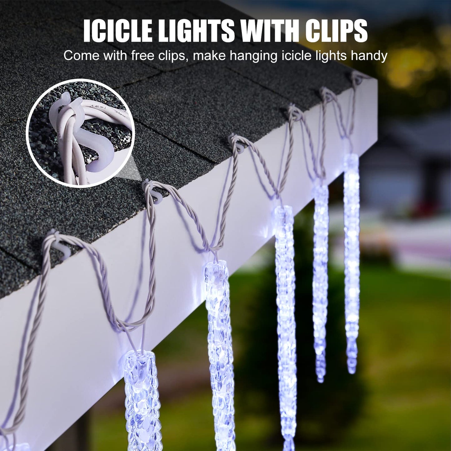 Minetom Icicle Lights Outdoor with Clips, 20ft 100 LED