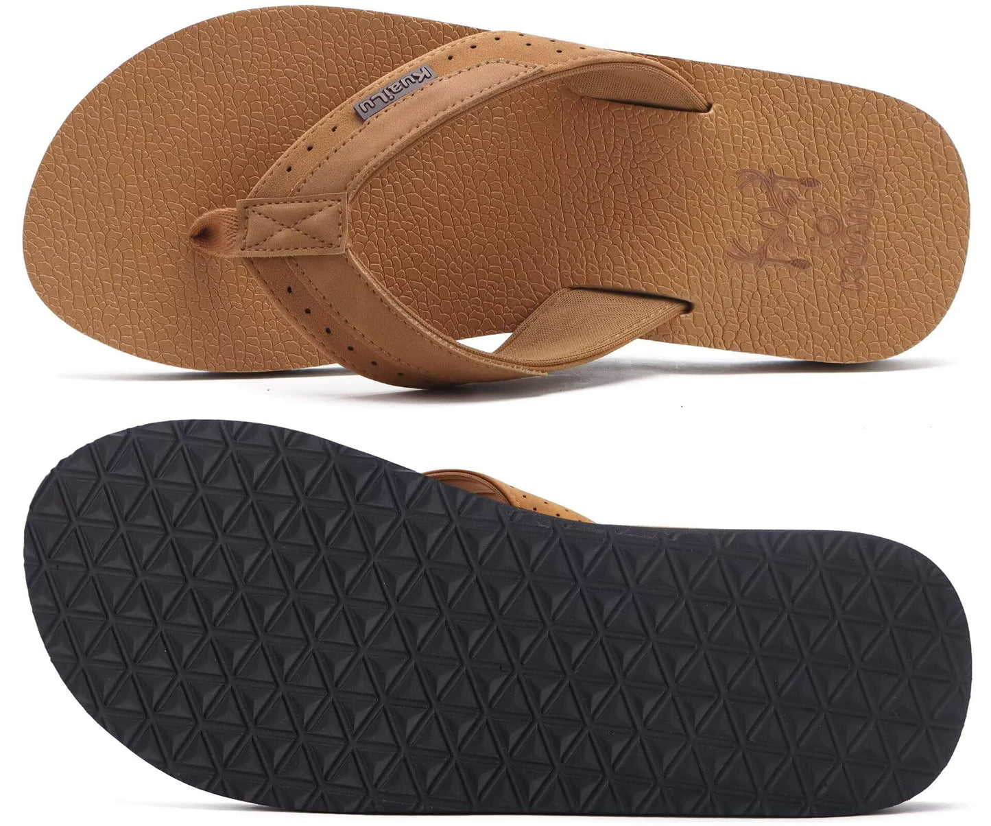 KuaiLu Men's Leather Flip Flops Arch Support Summer Beach