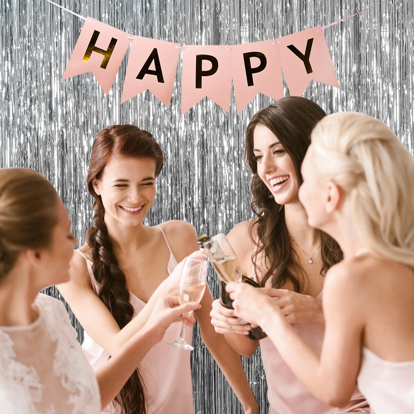 2 Pack Foil Curtain Backdrop Silver Metallic Tinsel Foil