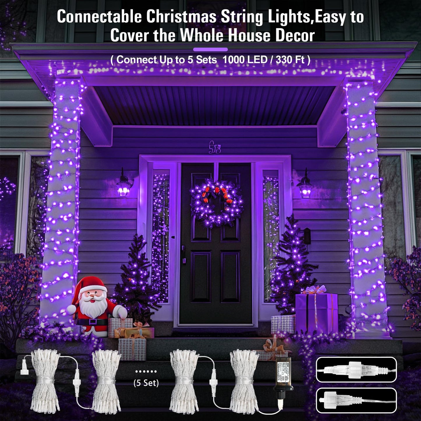 Purple Christmas Lights Indoor Outdoor Clear Wire, 66ft