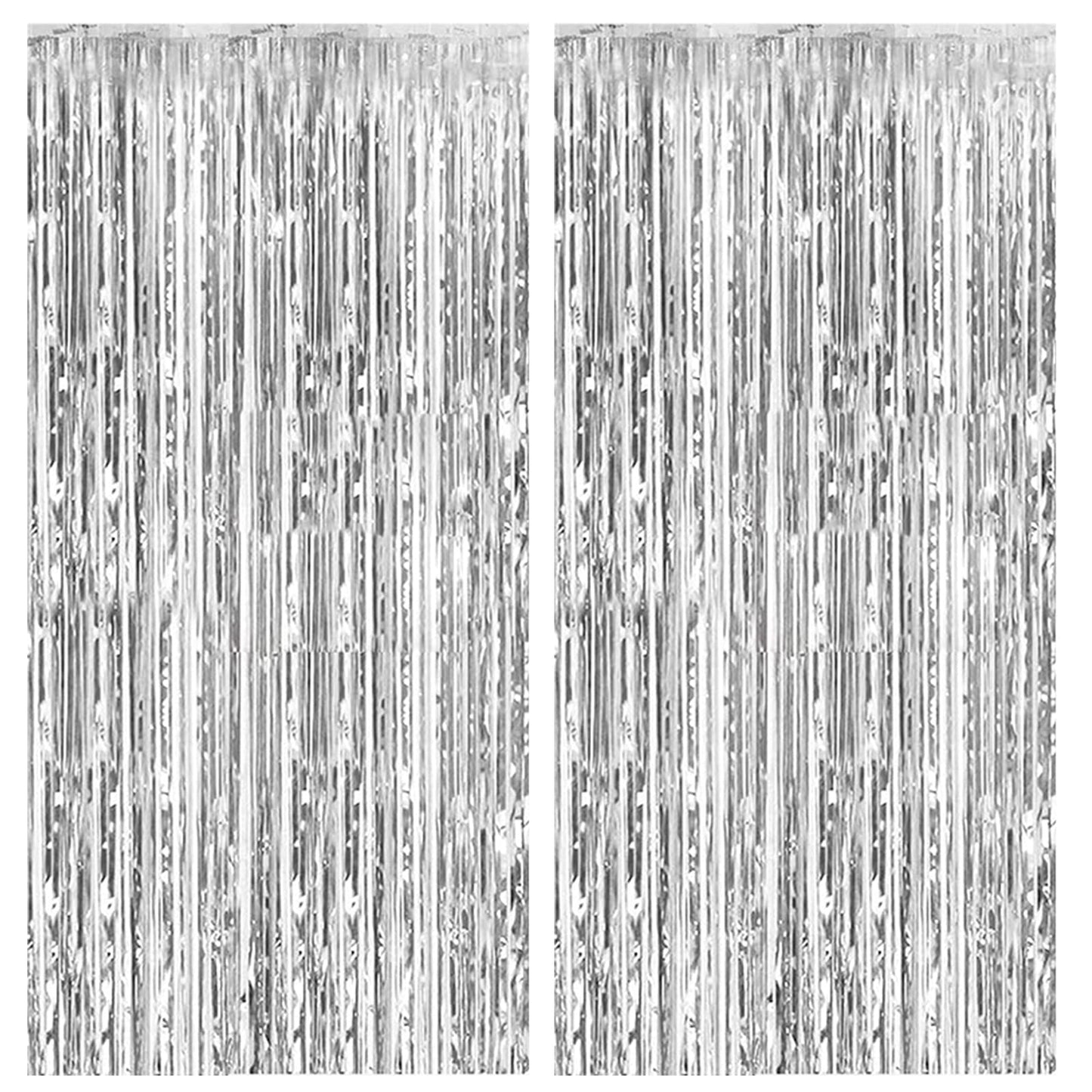 2 Pack Foil Curtain Backdrop Silver Metallic Tinsel Foil