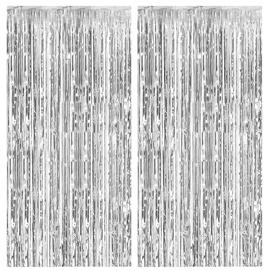 2 Pack Foil Curtain Backdrop Silver Metallic Tinsel Foil