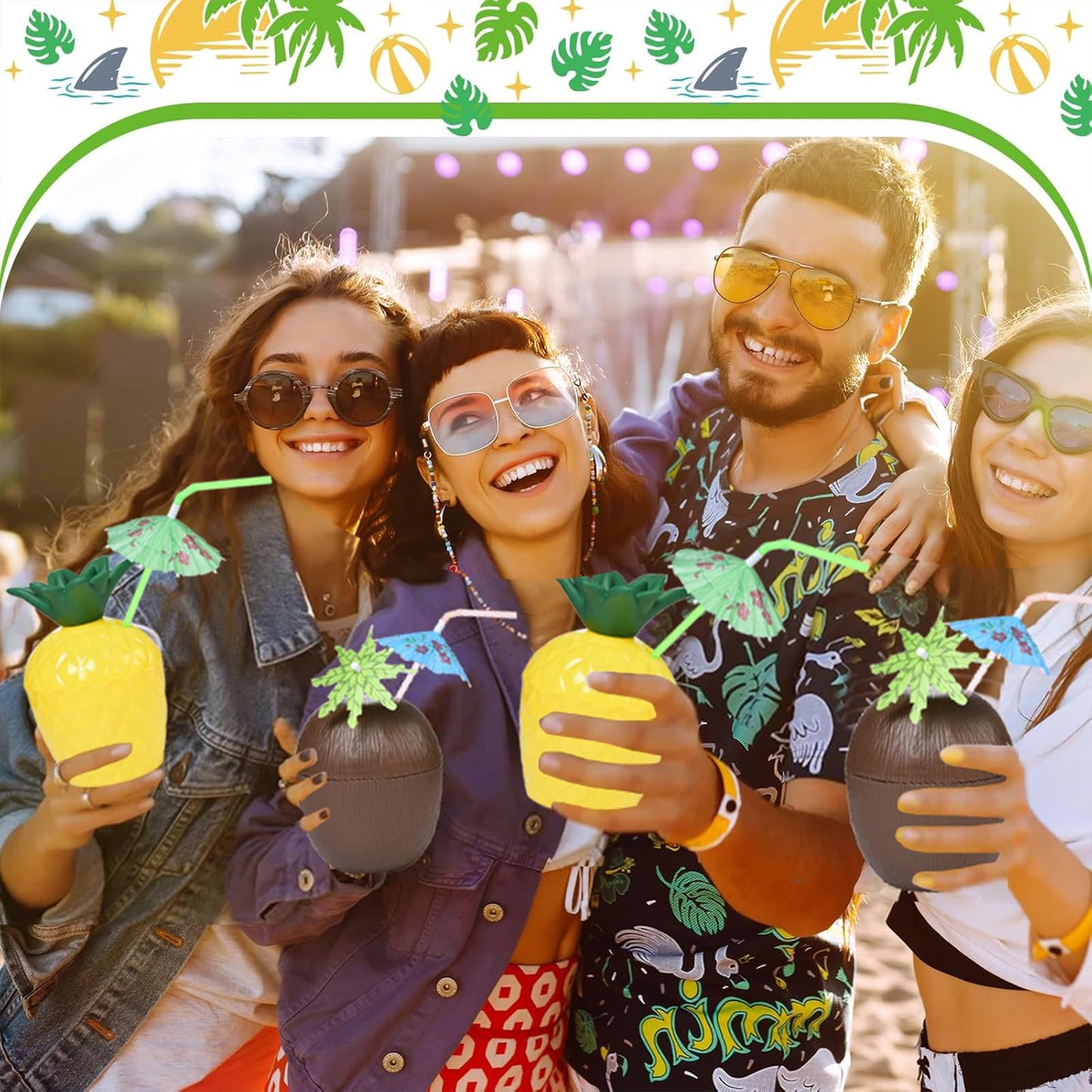 18 Coconut Pineapple Cups with 18 Straws, 18