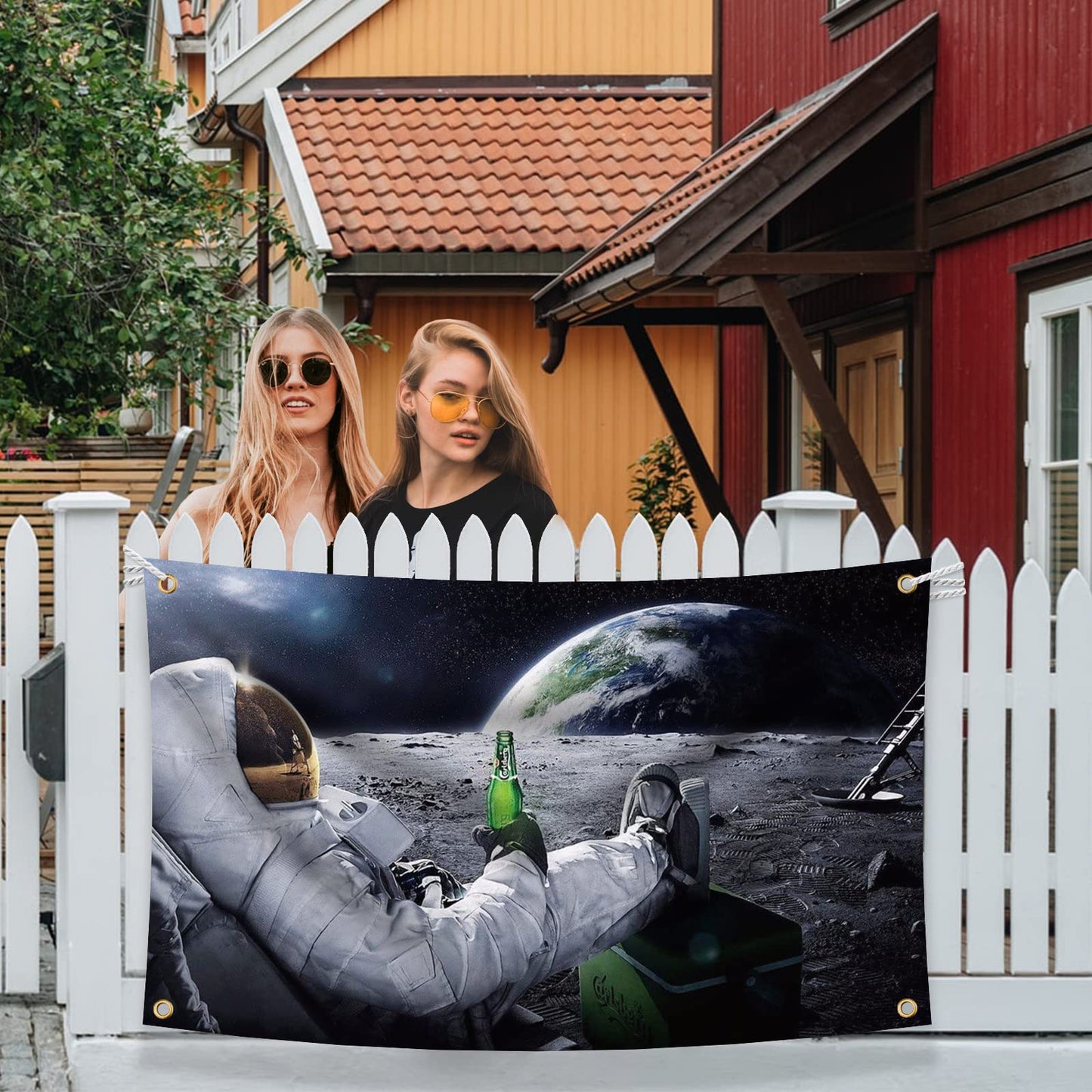 Astronaut Relaxing and Drinking Beer on The Moon in Outer Space Flag 3x5