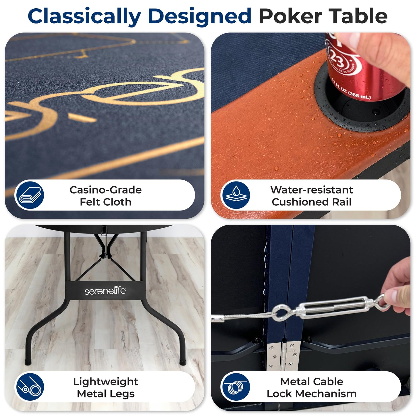 SereneLife 8 Player Foldable Poker Table, 71 inch Portable