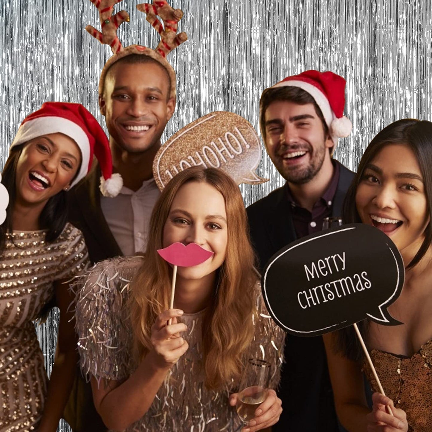 2 Pack Foil Curtain Backdrop Silver Metallic Tinsel Foil