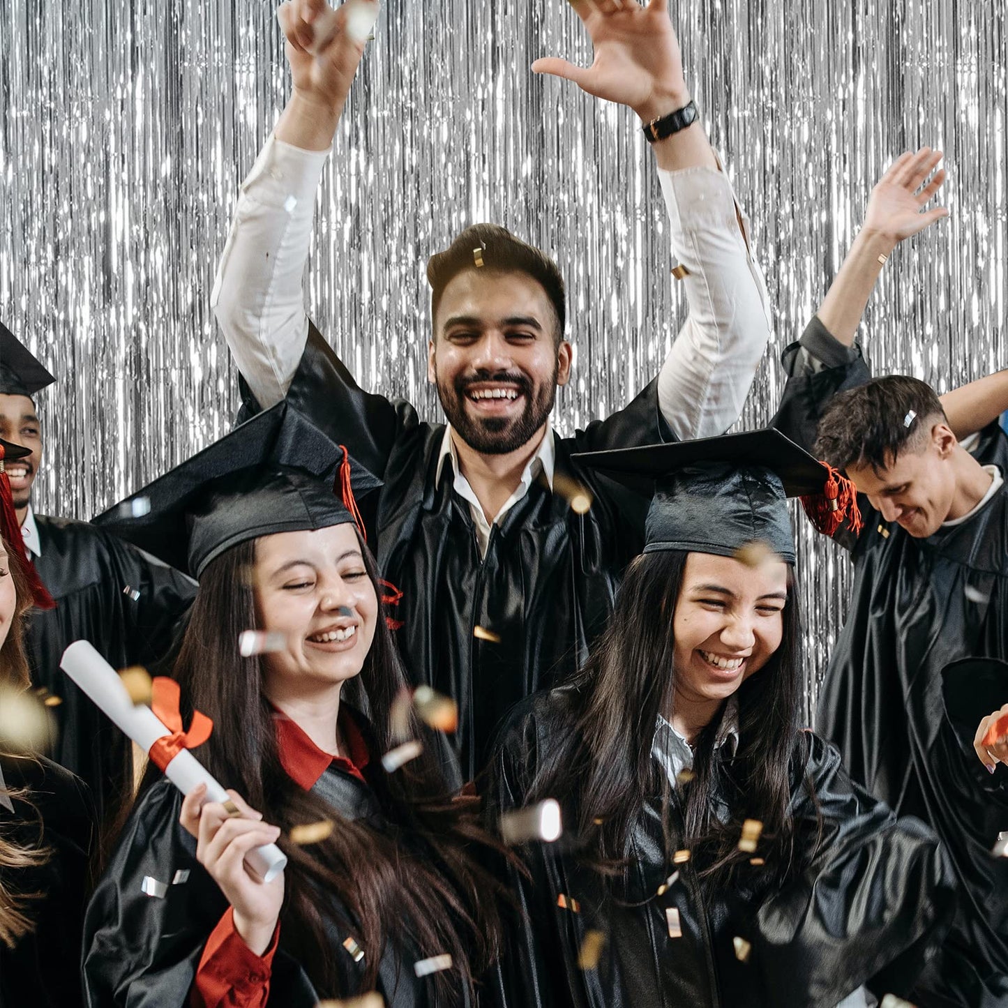 2 Pack Foil Curtain Backdrop Silver Metallic Tinsel Foil