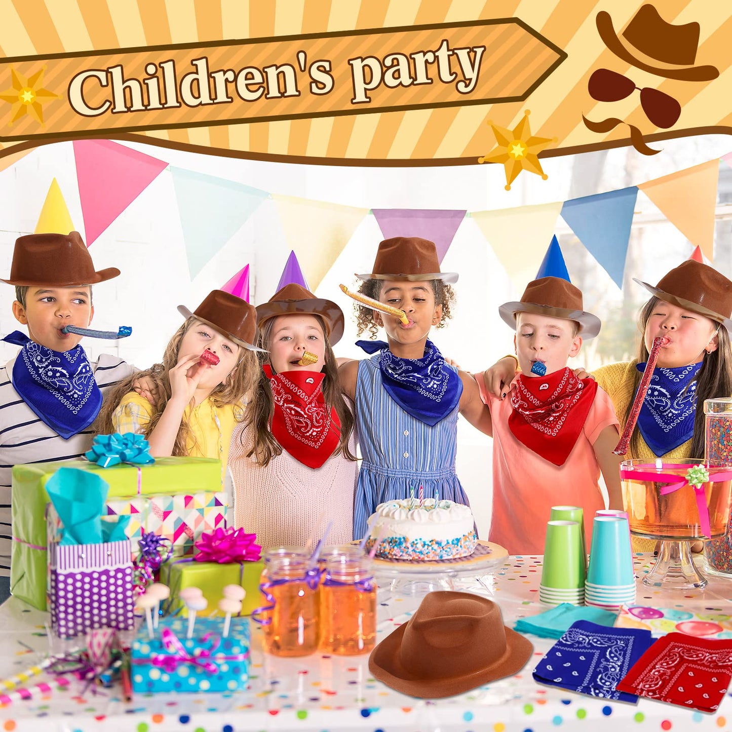 Hillban 96 Pcs Cowboy Hat and Bandana Set