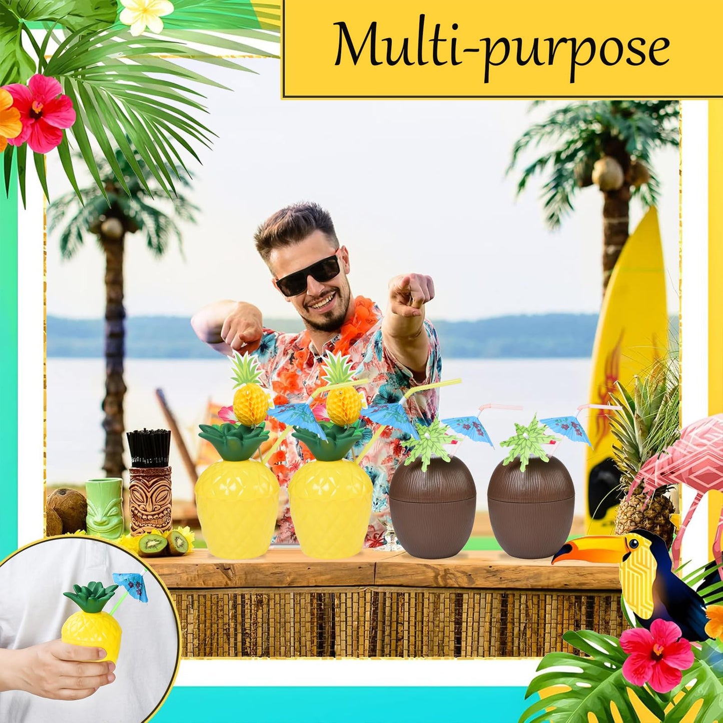 18 Coconut Pineapple Cups with 18 Straws, 18