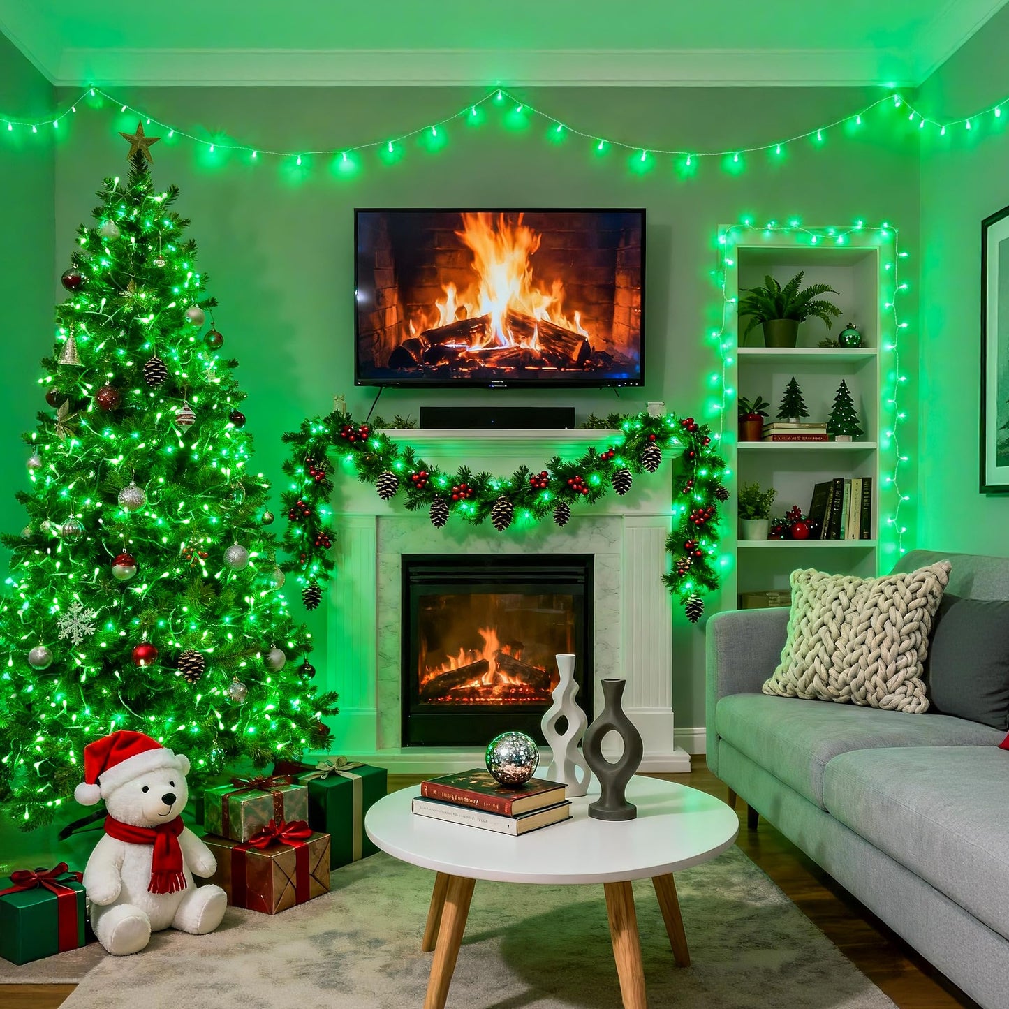 Green Christmas Lights Clear Wire, 66ft 200 LED