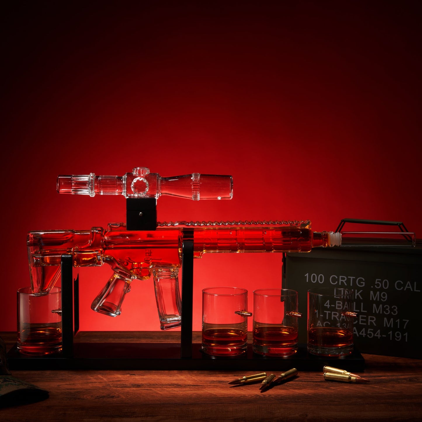 Whiskey Decanter Set - AR Limited Edition, Wooden Silencer Stopper - 800 ml & 4 12oz Bullet Glasses