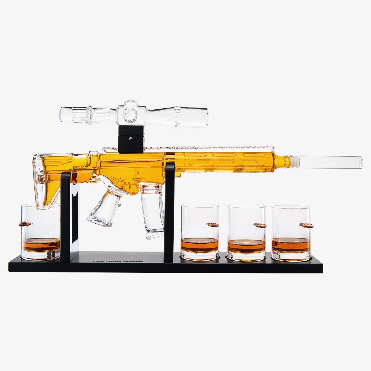Whiskey Decanter Set - AR Limited Edition, Wooden Silencer Stopper - 800 ml & 4 12oz Bullet Glasses