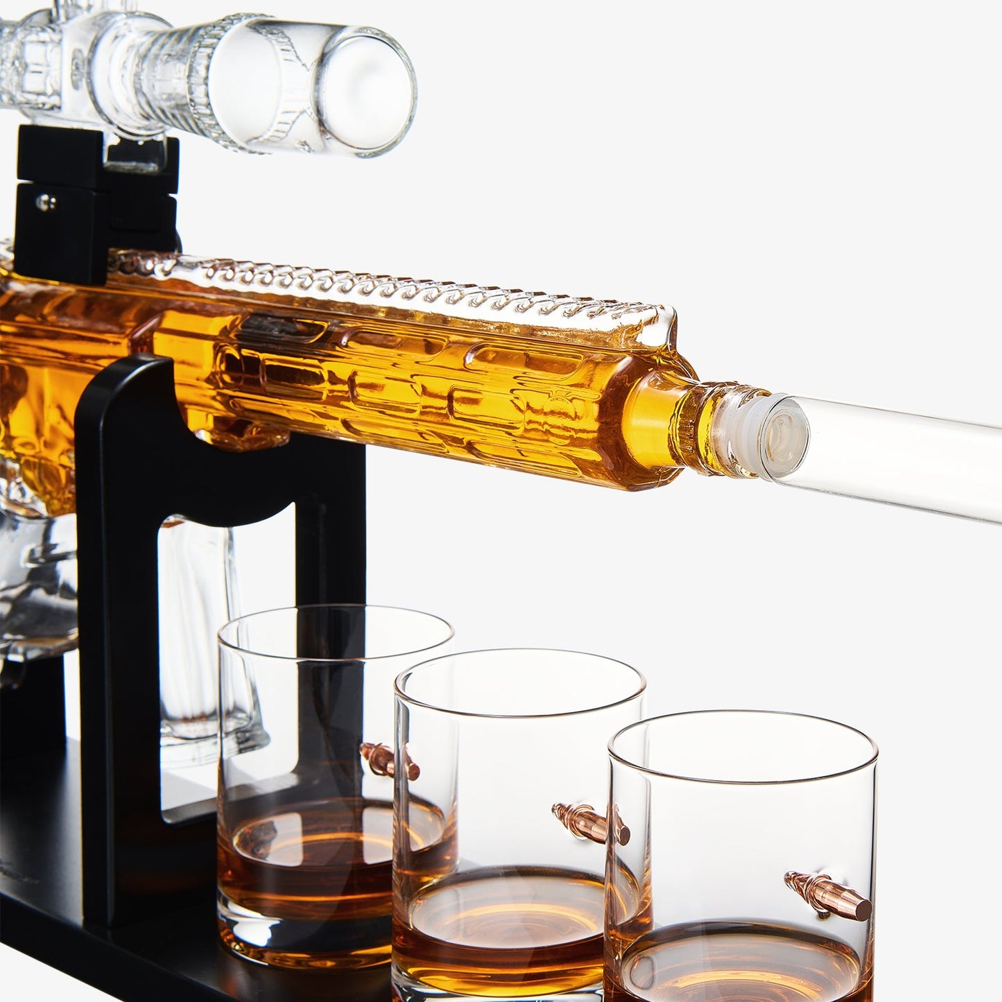 Whiskey Decanter Set - AR Limited Edition, Wooden Silencer Stopper - 800 ml & 4 12oz Bullet Glasses