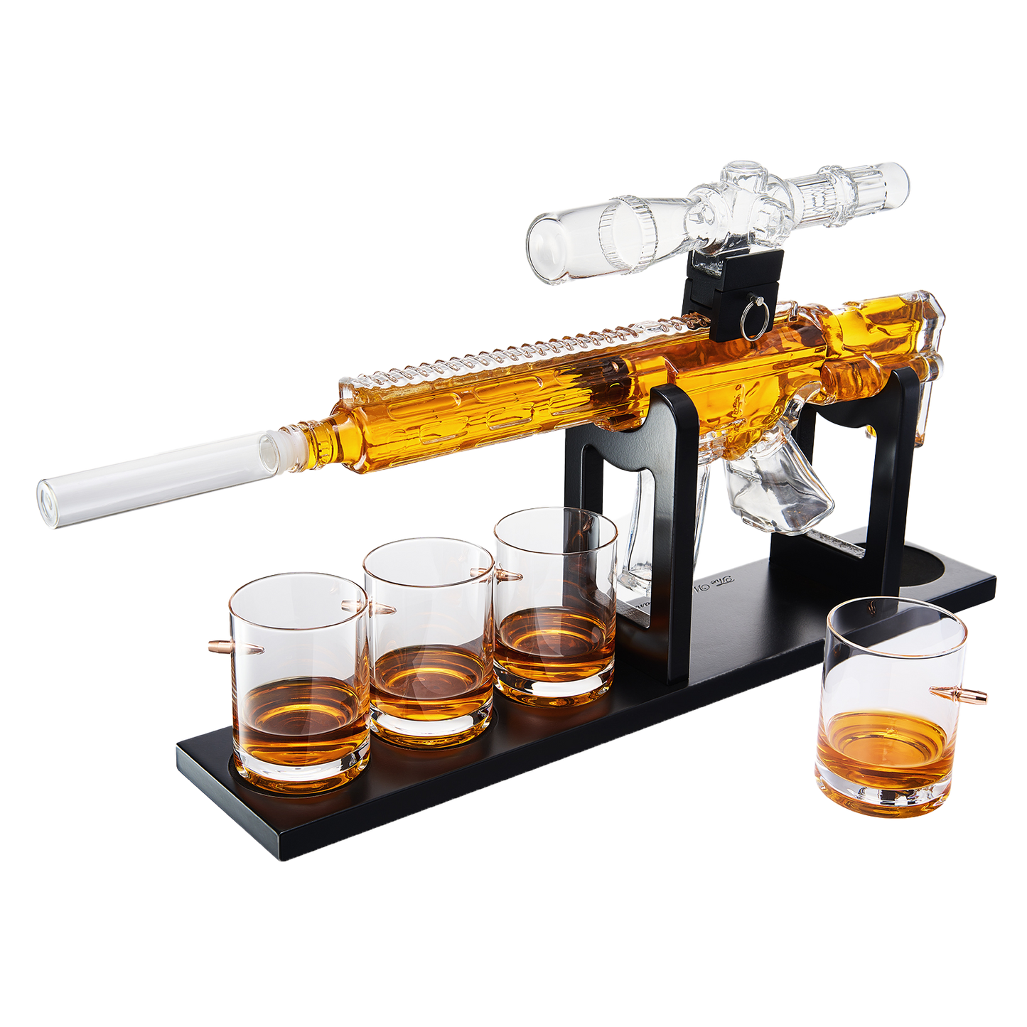 Whiskey Decanter Set - AR Limited Edition, Wooden Silencer Stopper - 800 ml & 4 12oz Bullet Glasses