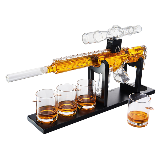 Whiskey Decanter Set - AR Limited Edition, Wooden Silencer Stopper - 800 ml & 4 12oz Bullet Glasses