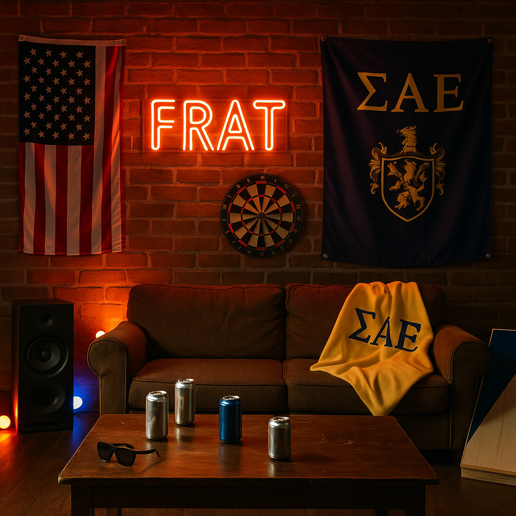 Living room with 'FRAT' neon sign, American flag, and 'Sigma Alpha Epsilon' banner.